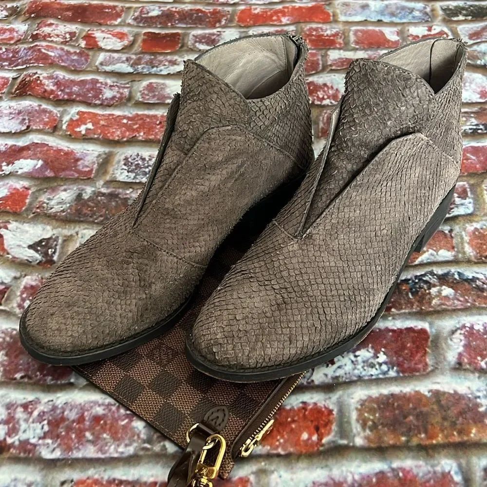 * Eileen Fisher, charcoal suede snake ankle boots